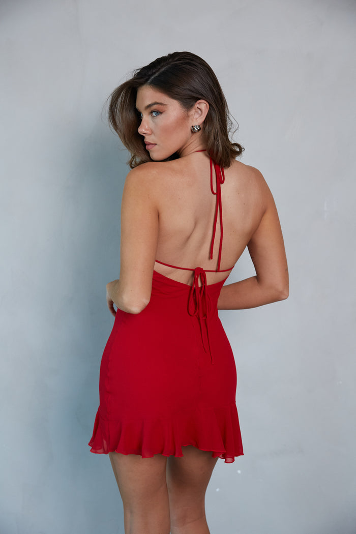 back view of red open back halter ruffle mini dress | sexy valentines day mini dresses