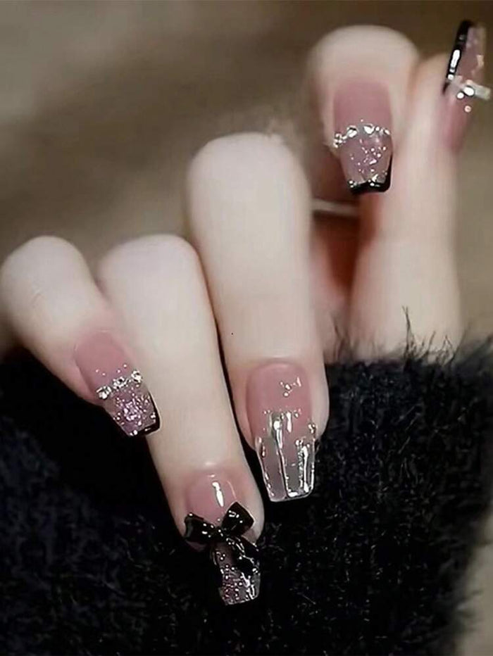 Black Bow French Press On Nails â€“ 24 Pieces Nude Glitter Square Acrylic False Nail Set for Women