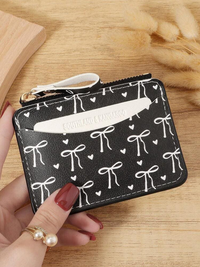 Black Bow Pattern Small Zipper Wallet â€“ Slim Mini Card Holder
