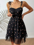 Black Floral Tie-Strap Mesh Hem Cami Dress – Ribbed Slim Fit Mini Dress for Women
