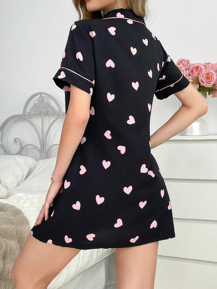 Black Heart Print Button-Up Sleep Shirt Dress – Soft Short Sleeve Nightwear for Women