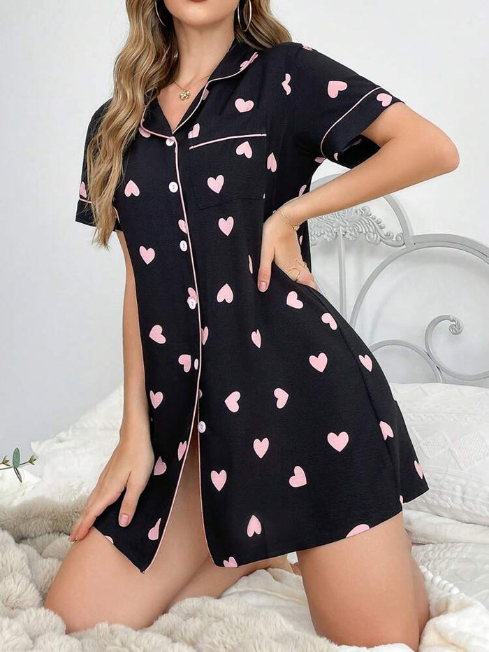 Black Heart Print Button-Up Sleep Shirt Dress – Soft Short Sleeve Nightwear for Women