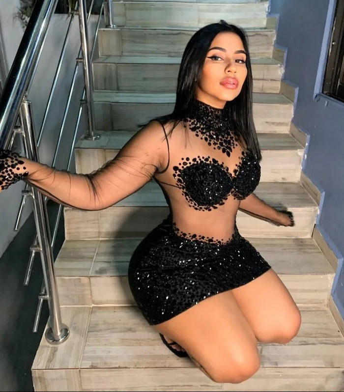 Black Long Sleeves High Neck Beading Party Gown - Envious Designs
