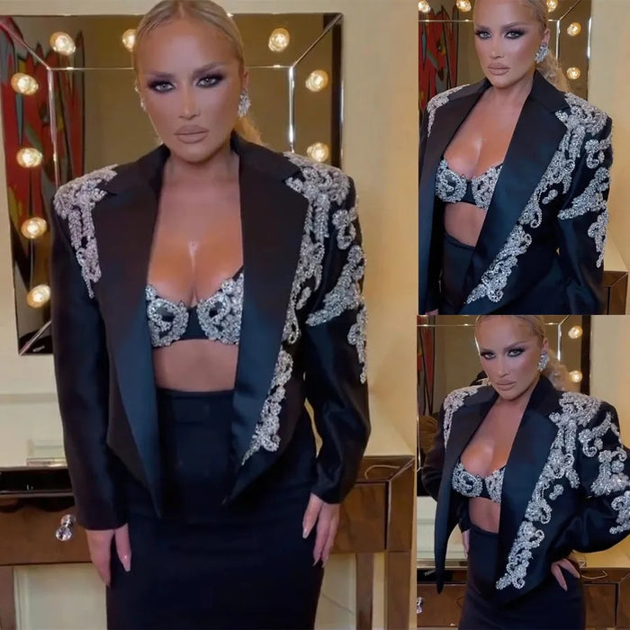 Black Noble Blazer Suits for Women Beading Appliques Pants Suit Tuxedos 3 Pieces - Envious Designs