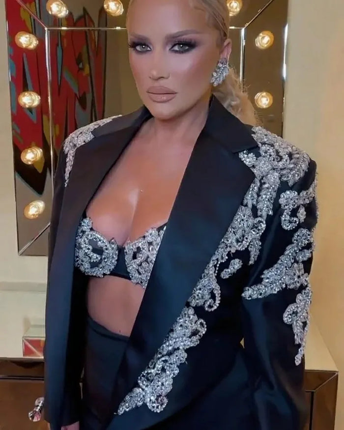 Black Noble Blazer Suits for Women Beading Appliques Pants Suit Tuxedos 3 Pieces - Envious Designs