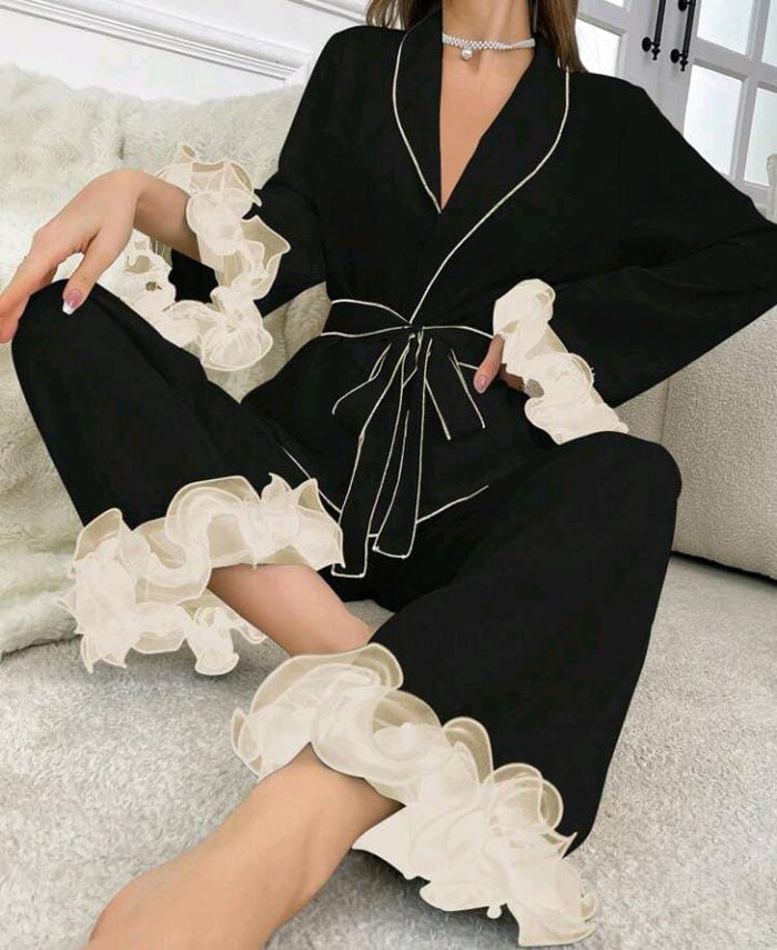 Black Ruffle Trim Lounge Pajama Set