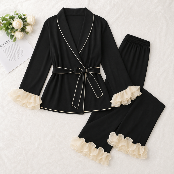 Black Ruffle Trim Lounge Pajama Set