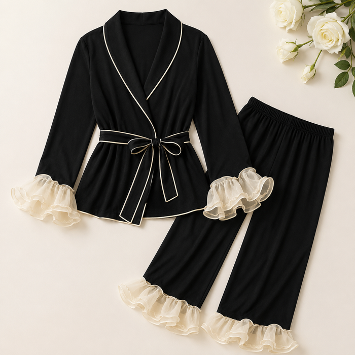 Black Ruffle Trim Lounge Pajama Set