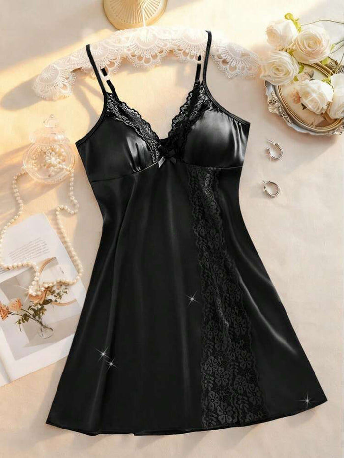 Black Satin Lace Nightdress – Women Elegant Sleepwear