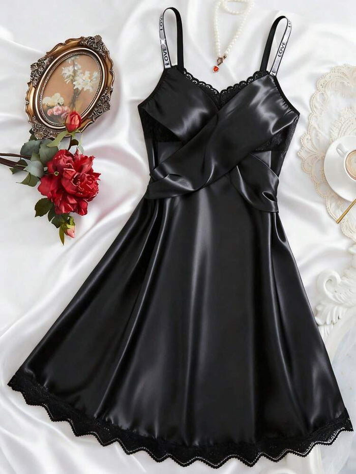 Black Satin Lace Slip Dress – Elegant Spaghetti Strap Night Dress