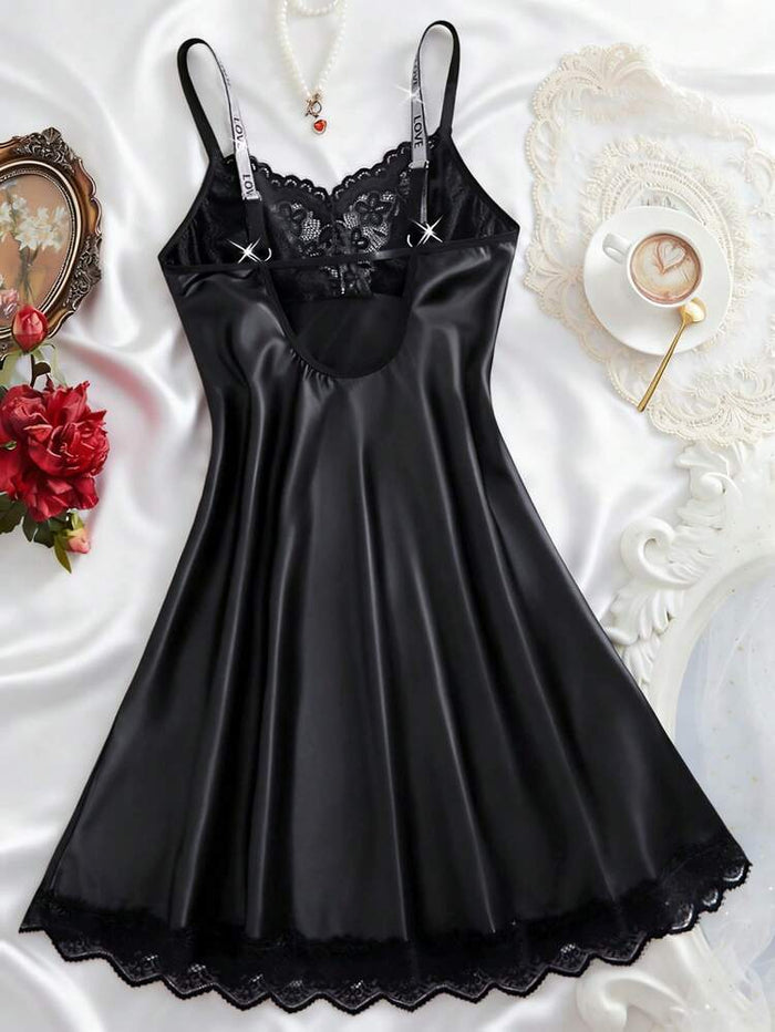 Black Satin Lace Slip Dress – Elegant Spaghetti Strap Night Dress