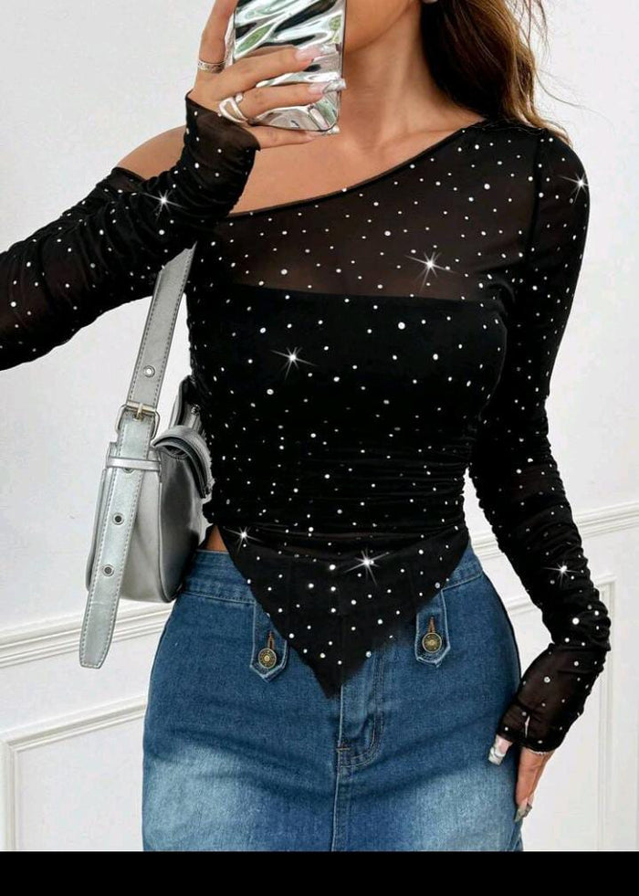Black Sheer Mesh Rhinestone Asymmetrical Top