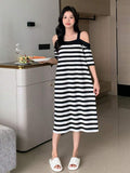 Black & White Striped Cold Shoulder Lounge Dress – Loose Fit Midi Sleep Dress for Women
