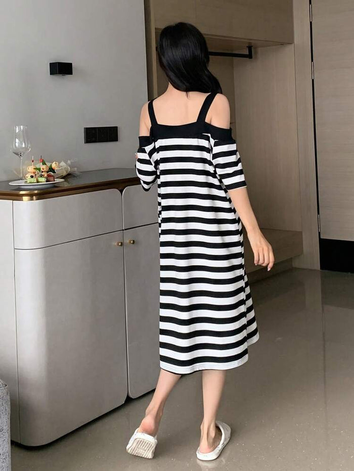 Black & White Striped Cold Shoulder Lounge Dress – Loose Fit Midi Sleep Dress for Women