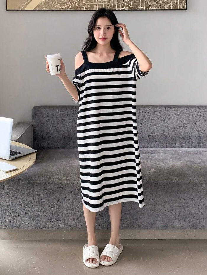 Black & White Striped Cold Shoulder Lounge Dress – Loose Fit Midi Sleep Dress for Women