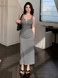 Black & White Striped Ribbed Bodycon Midi Dress – Sleeveless V Neck Button Detail Dress for Women