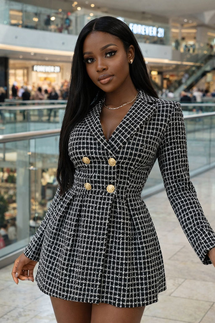 Black & White Tweed Double-Breasted Blazer Dress