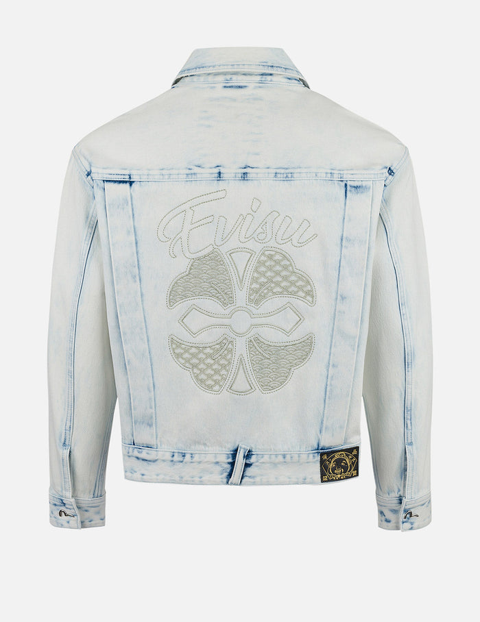Bleach Washed Kamon Embroidery Fashion Fit Denim Jacket