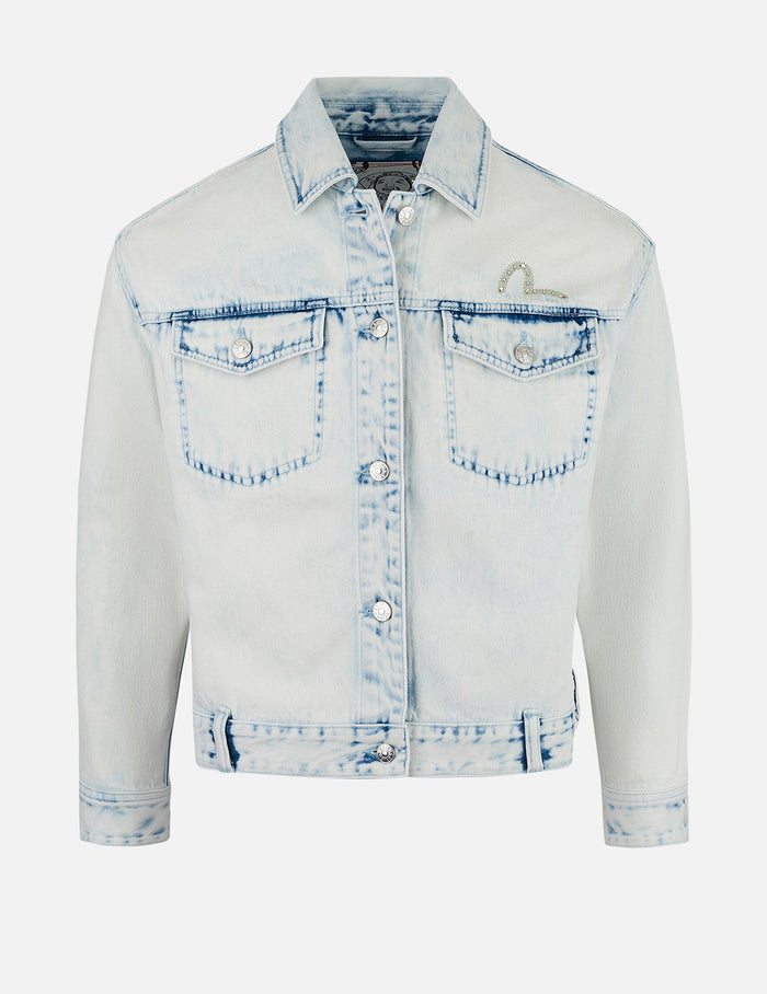 Bleach Washed Kamon Embroidery Fashion Fit Denim Jacket