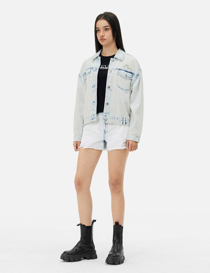 Bleach Washed Kamon Embroidery Fashion Fit Denim Jacket