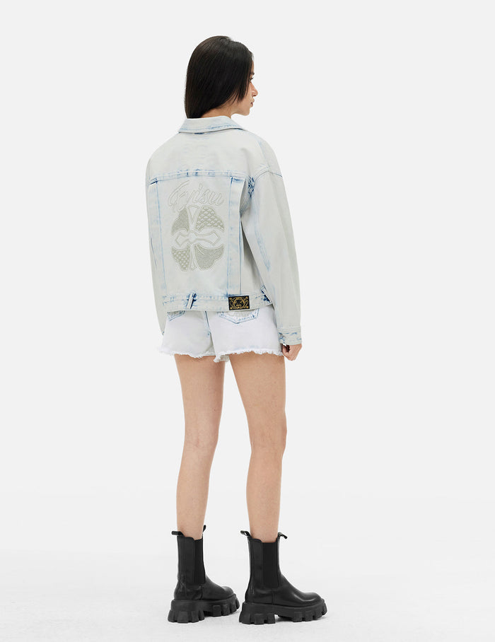 Bleach Washed Kamon Embroidery Fashion Fit Denim Jacket