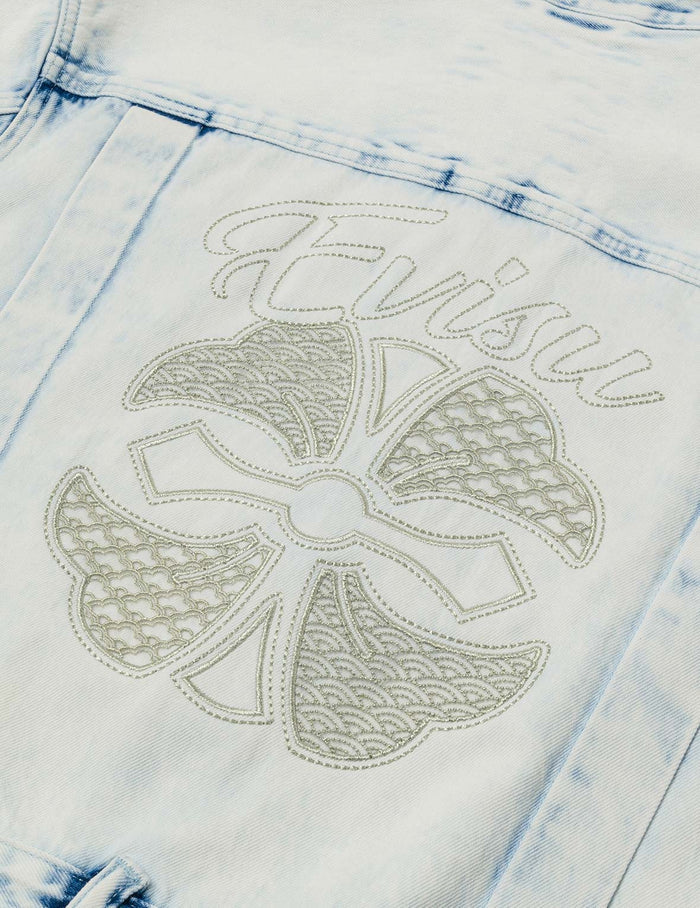 Bleach Washed Kamon Embroidery Fashion Fit Denim Jacket