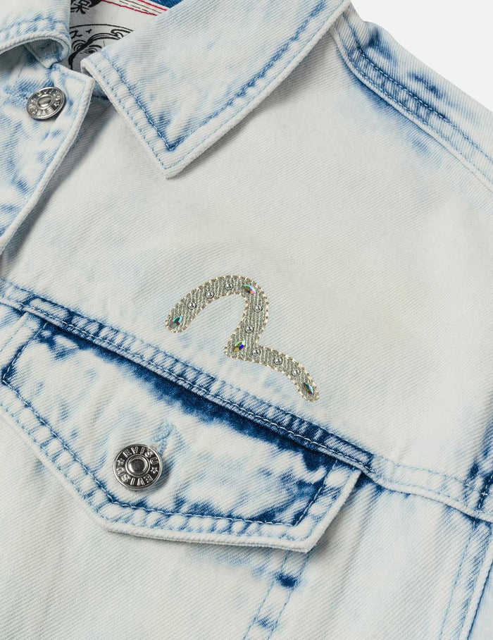 Bleach Washed Kamon Embroidery Fashion Fit Denim Jacket