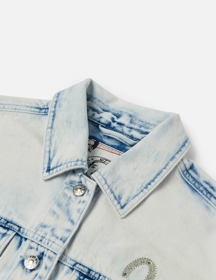 Bleach Washed Kamon Embroidery Fashion Fit Denim Jacket