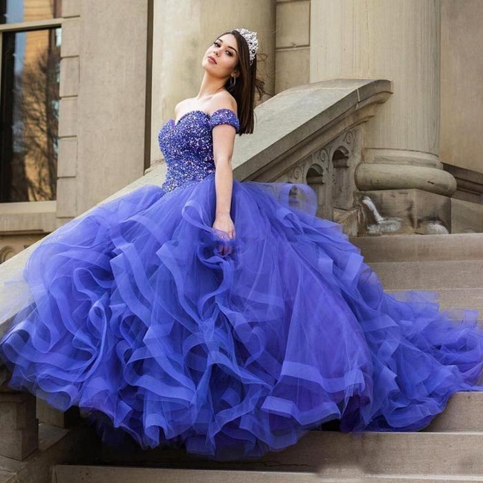 Blue Beaded Sweetheart Off Shoulders Quinceanera Dress - Envious Designs