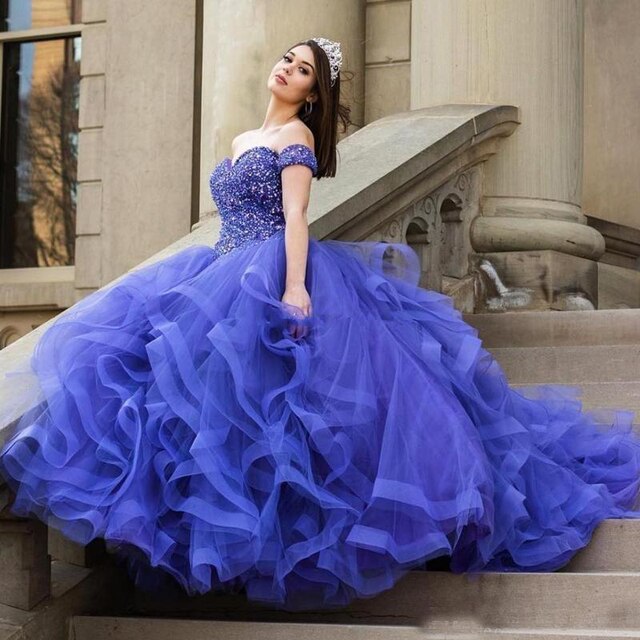 Blue Beaded Sweetheart Off Shoulders Quinceanera Dress - Envious Designs