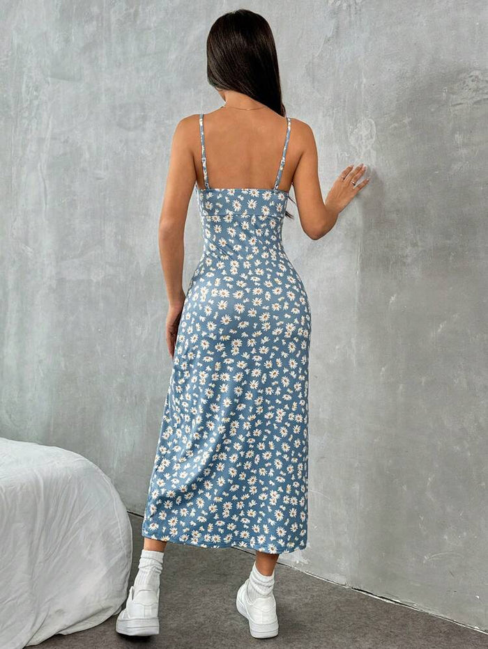 Blue Daisy Print Cami Midi Dress with Side Slit – Slim Fit Summer Floral Dress for Women