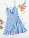 Blue Heart Print Ruffle Wrap Mini Dress – Spaghetti Strap Tie Side Summer Dress for Women