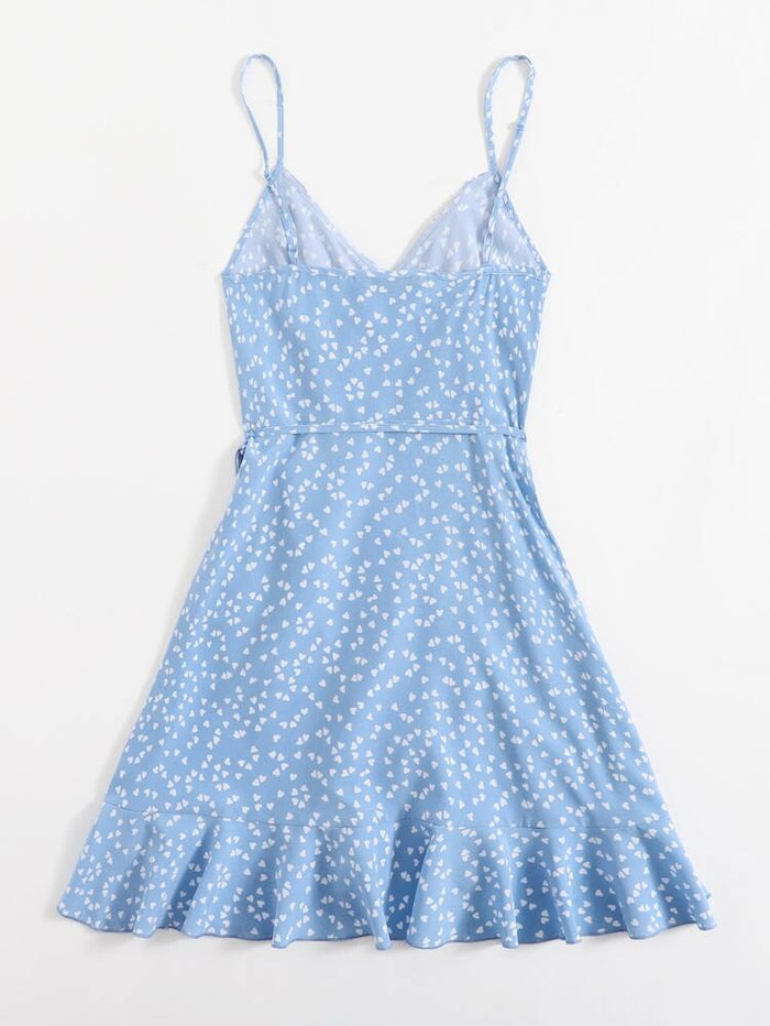Blue Heart Print Ruffle Wrap Mini Dress – Spaghetti Strap Tie Side Summer Dress for Women