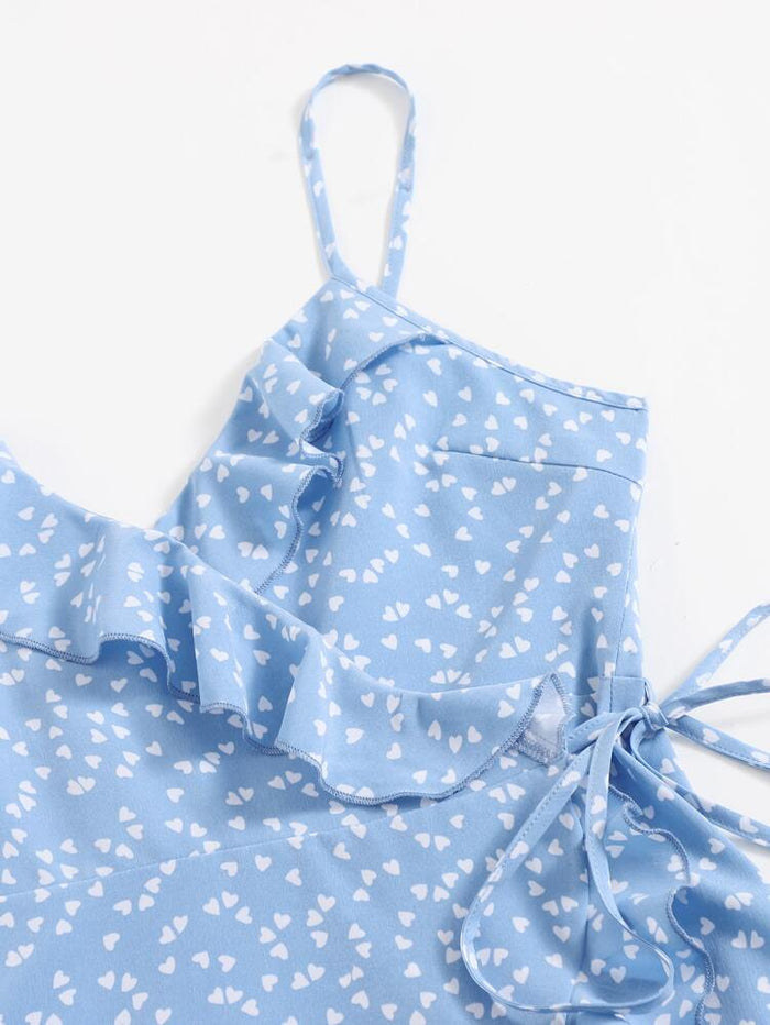 Blue Heart Print Ruffle Wrap Mini Dress – Spaghetti Strap Tie Side Summer Dress for Women