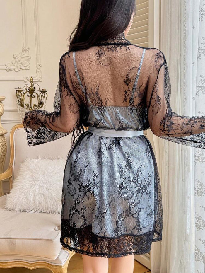 Blue Satin & Black Lace 2-Piece Nightwear Set – Women Elegant Sleep Dress with Lace Robe