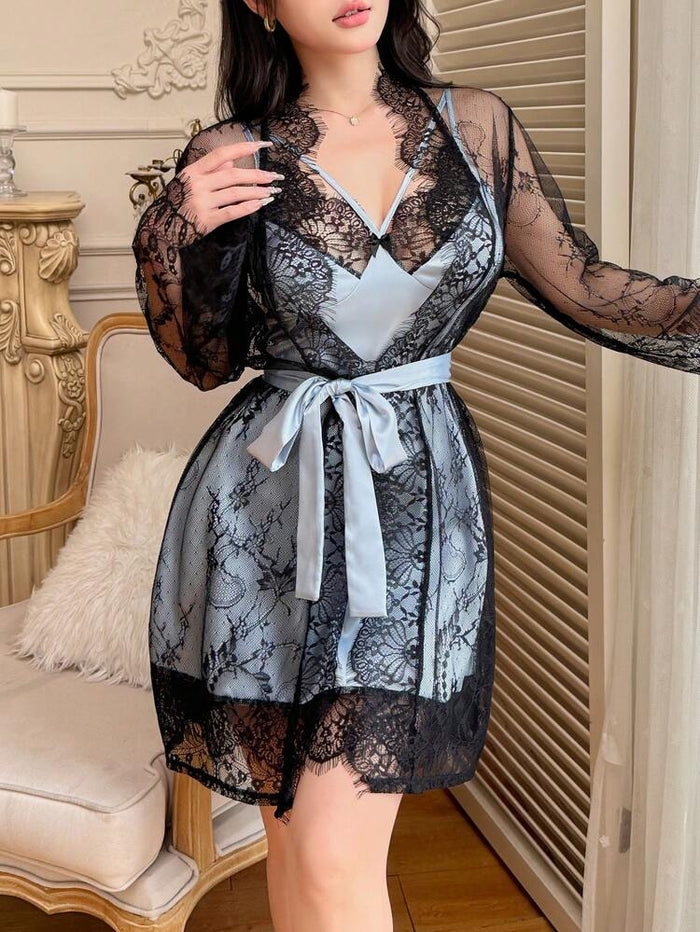 Blue Satin & Black Lace 2-Piece Nightwear Set – Women Elegant Sleep Dress with Lace Robe