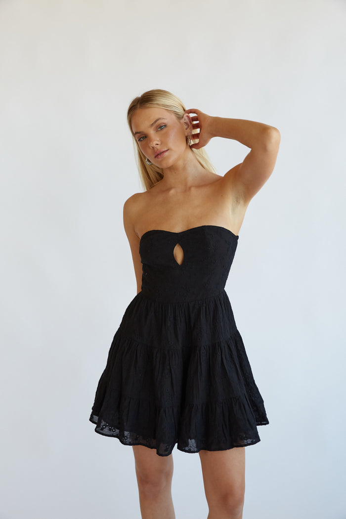 black strapless keyhole front mini dress | black-image