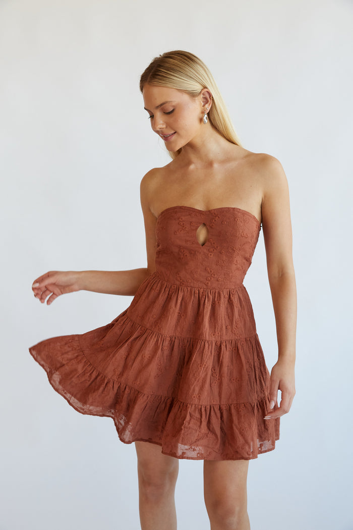 brown strapless keyhole front mini dress