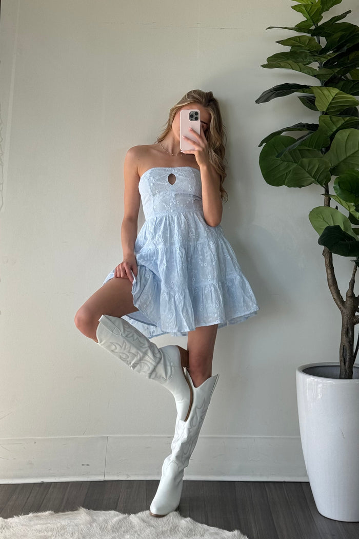 baby blue strapless keyhole cutout fit and flare eyelet lace mini dress | blue rush mini dress | blue-image