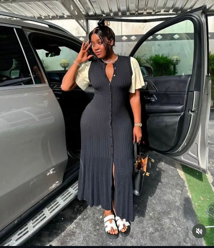 Bodycon Button Short Sleeve Knitted Maxi Dress
