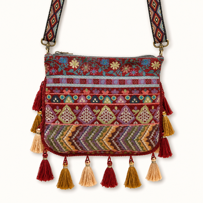 Boho Embroidered Tassel Crossbody Bag