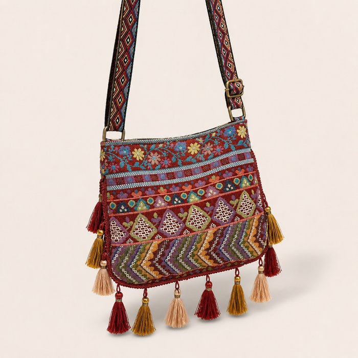 Boho Embroidered Tassel Crossbody Bag