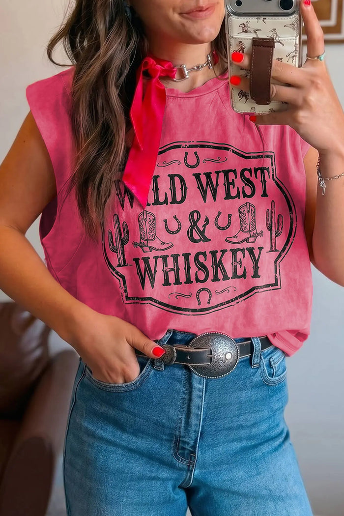Bonbon Bonbon Toner Washed Wild West Whiskey Print Sleeveless Muscle Top – Pink