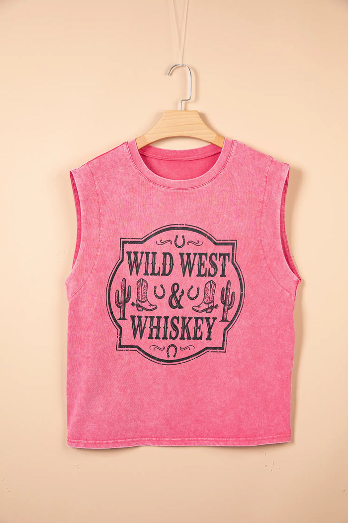 Bonbon Bonbon Toner Washed Wild West Whiskey Print Sleeveless Muscle Top – Pink