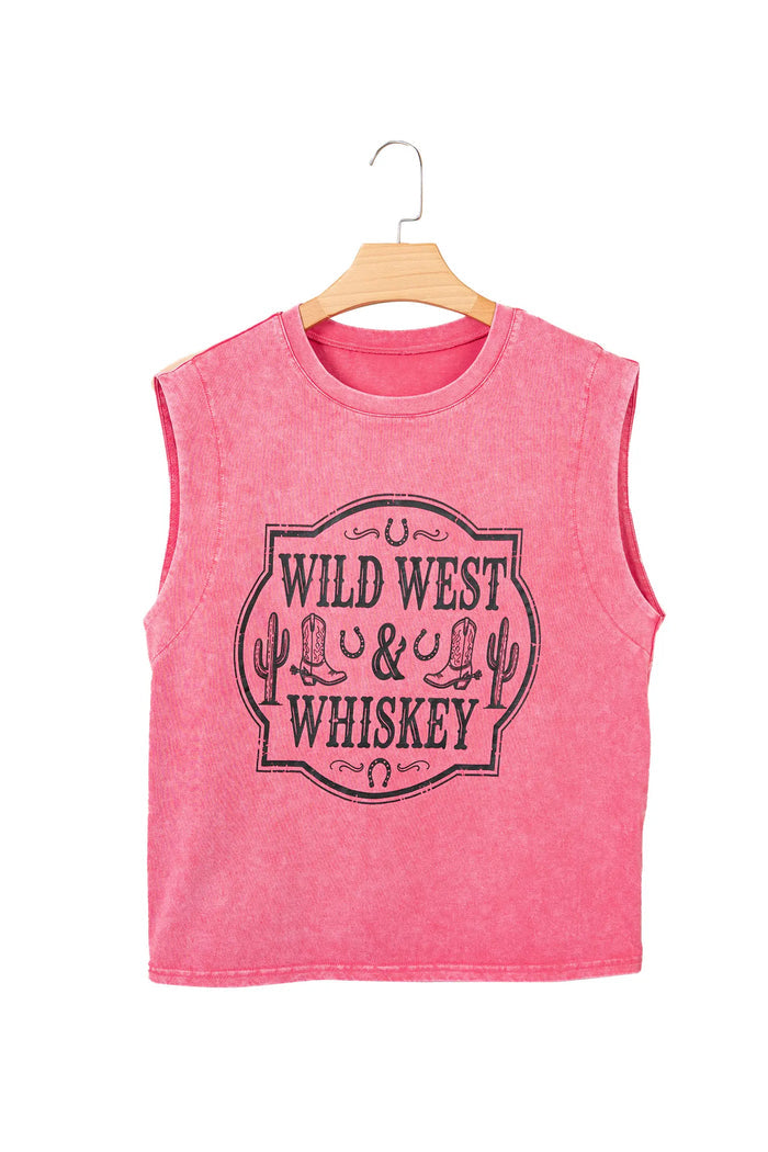 Bonbon Bonbon Toner Washed Wild West Whiskey Print Sleeveless Muscle Top – Pink