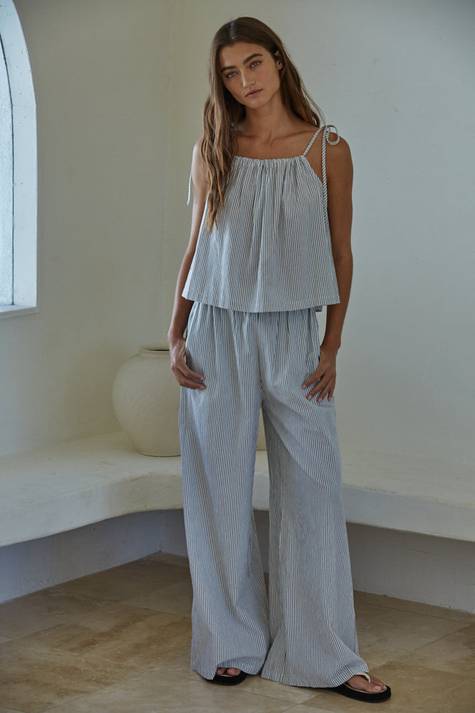 blue and white striped matching set - linen blend wide leg pants - resort wear