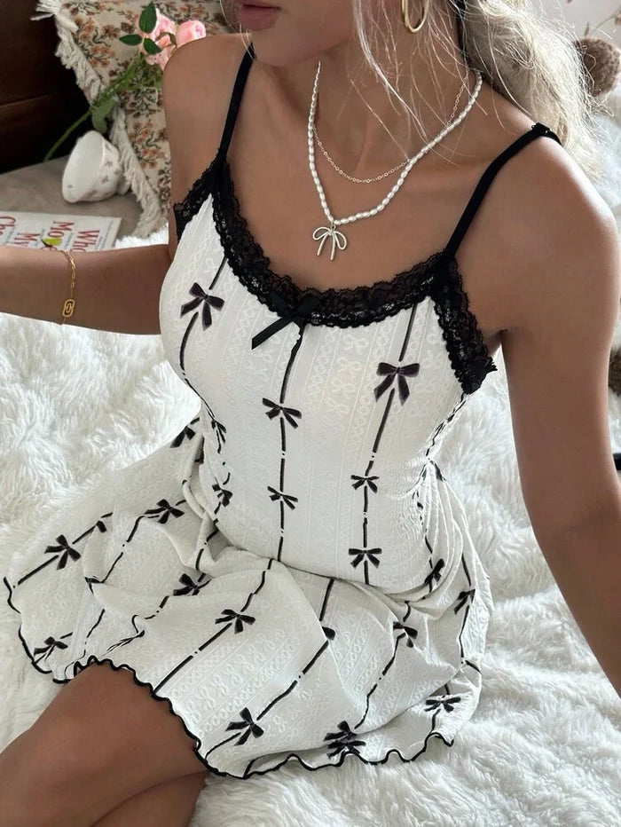 Bow Print Lace Nightdress – Elegant Women Sleepwear