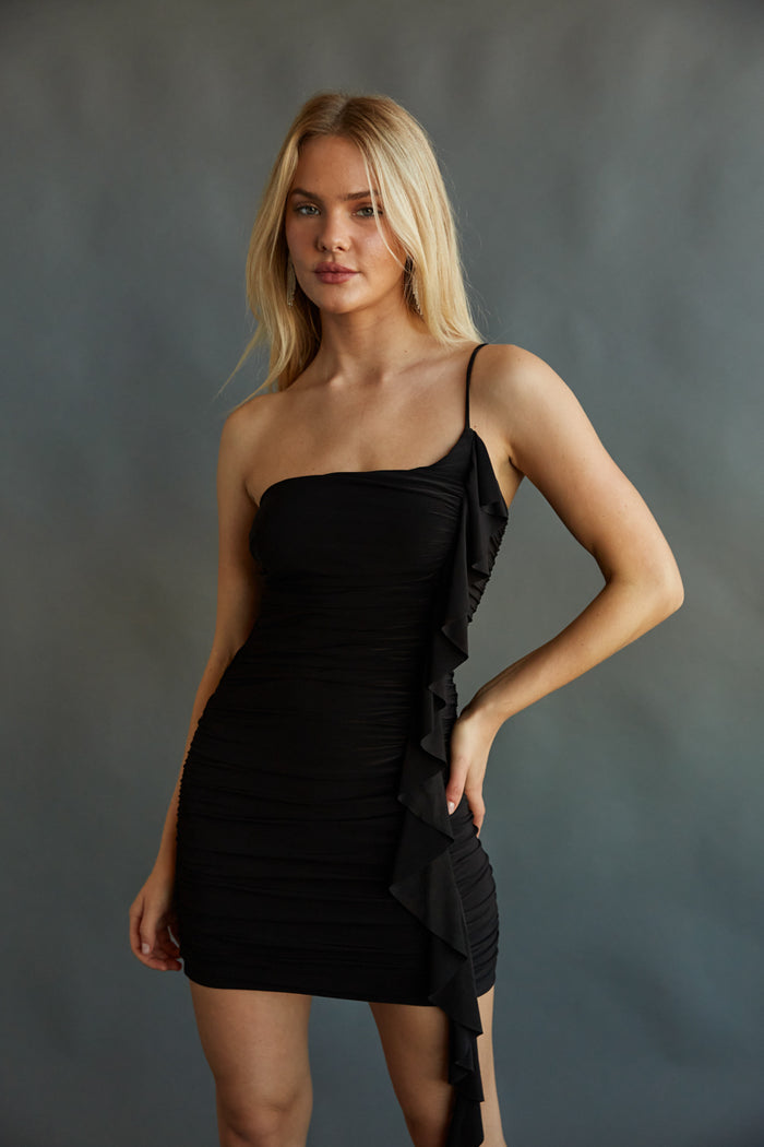 black ruched drape ruffle side detailing cocktail dress - sorority formal mini dress