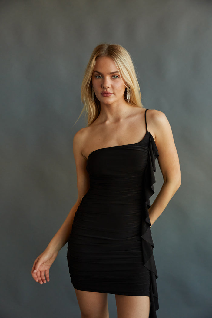 black noir mini black mini dress with drape side detailing - midnight black cocktail dress - little black dress - revenge dress | black-image