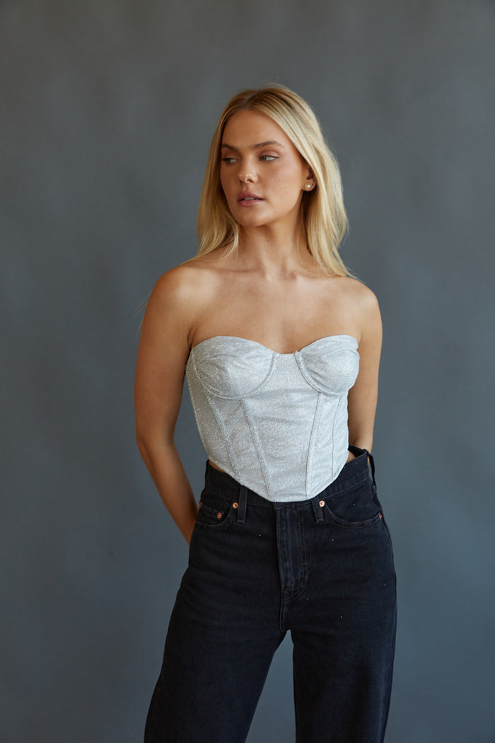 strapless silver glitter corset top | New Year's eve outfit ideas | 21st birthday outfit idea